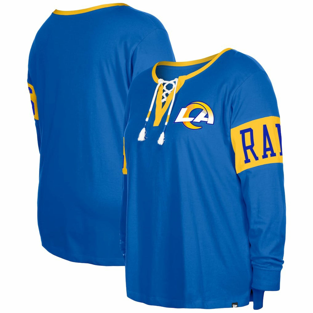 Women's Plus Size Lace-Up Notch Neck Long Sleeve T-Shirt - Los Angeles Rams