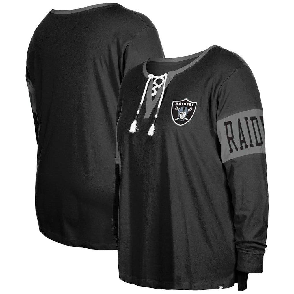 Women's Plus Size Lace-Up Notch Neck Long Sleeve T-Shirt - Las Vegas Raiders