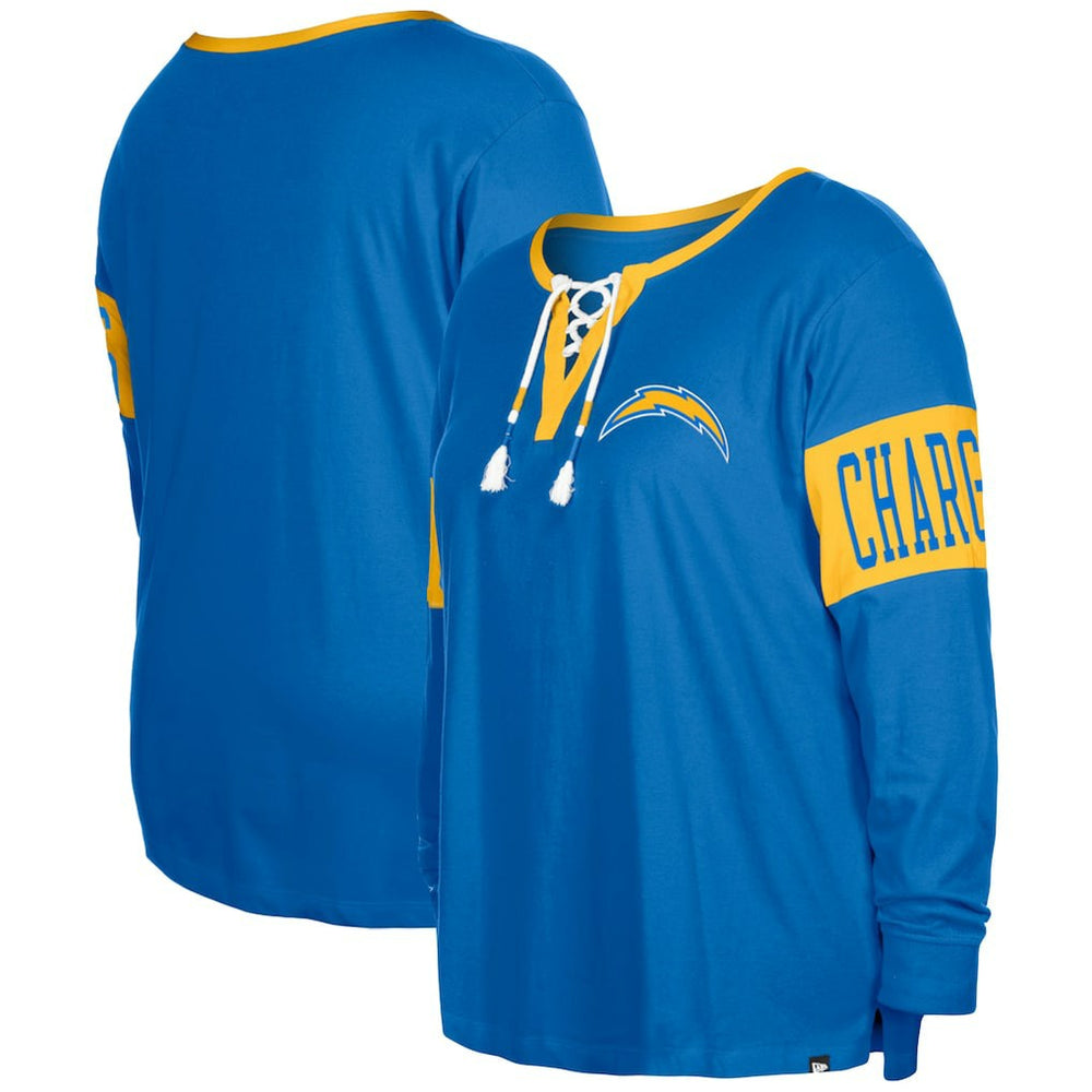 Women's Plus Size Lace-Up Notch Neck Long Sleeve T-Shirt - Los Angeles Chargers