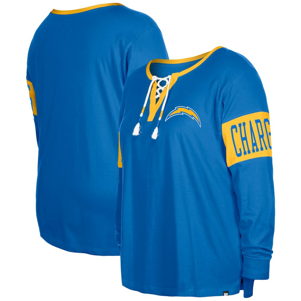Women's Plus Size Lace-Up Notch Neck Long Sleeve T-Shirt - Los Angeles Chargers