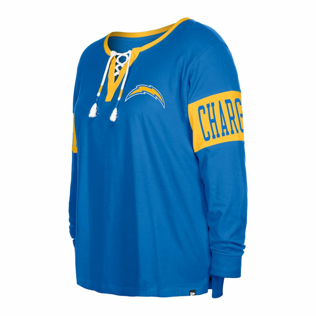Women's Plus Size Lace-Up Notch Neck Long Sleeve T-Shirt - Los Angeles Chargers
