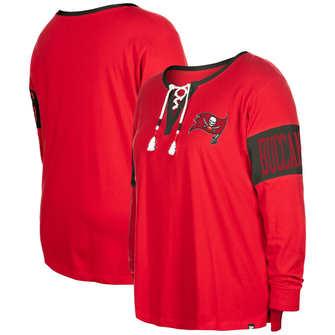 Women's Plus Size Lace-Up Notch Neck Long Sleeve T-Shirt - Tampa Bay Buccaneers