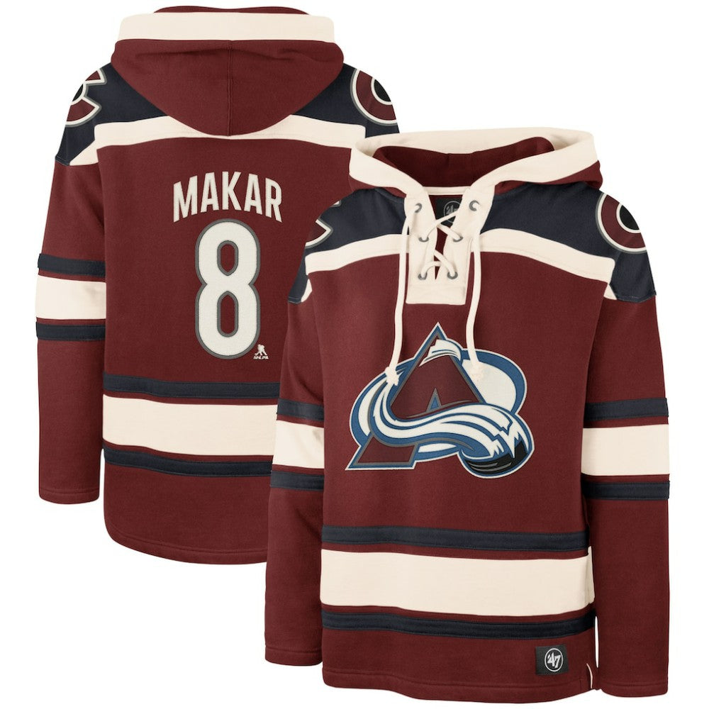 NHL Burgundy Cale Makar Colorado Avalanche '47 Player Name & Number Lacer Pullover Hoodie