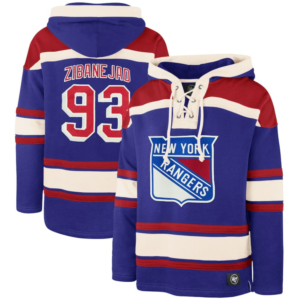 NHL Blue Mika Zibanejad New York Rangers '47 Player Name & Number Lacer Pullover Hoodie