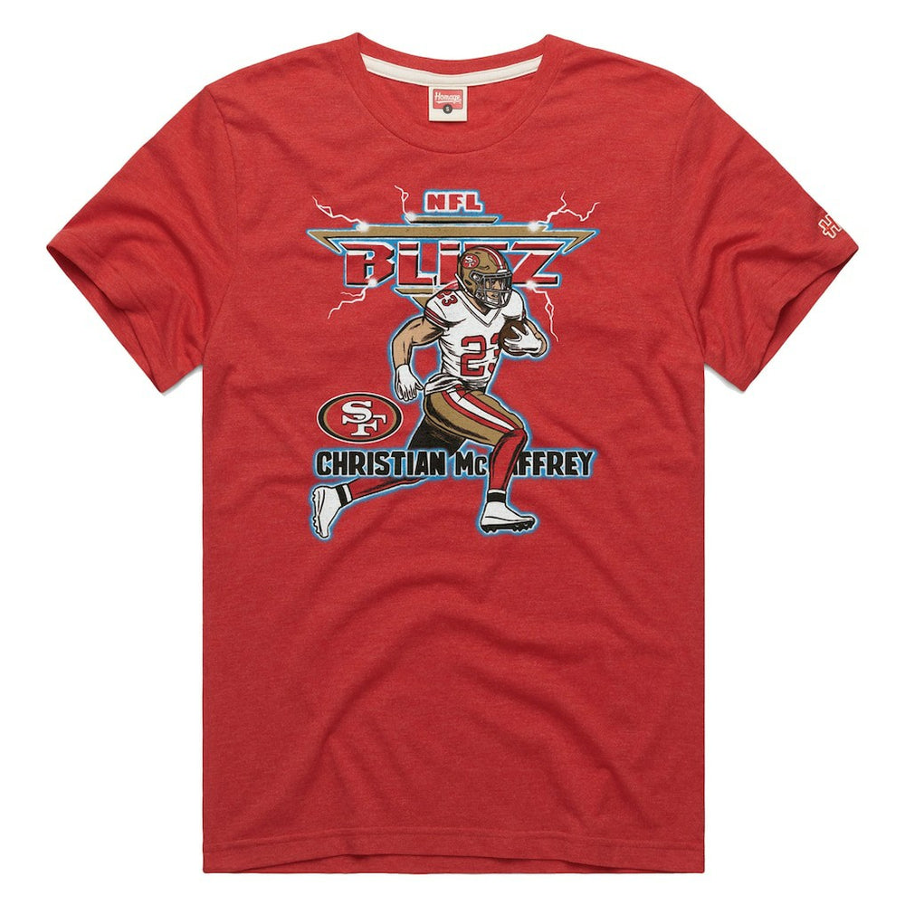 Christian McCaffrey  Homage Unisex NFL Blitz Player Tri-Blend T-Shirt - San Francisco 49ers