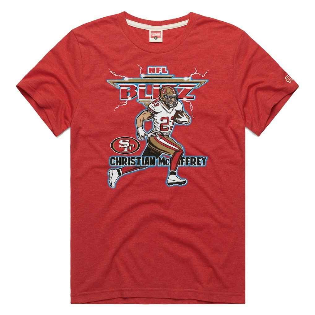 Christian McCaffrey  Homage Unisex NFL Blitz Player Tri-Blend T-Shirt - San Francisco 49ers