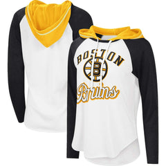 NHL White/Heather Black Boston Bruins G-III 4Her by Carl Banks Women's MVP Raglan Lightweight Hooded T-Shirt