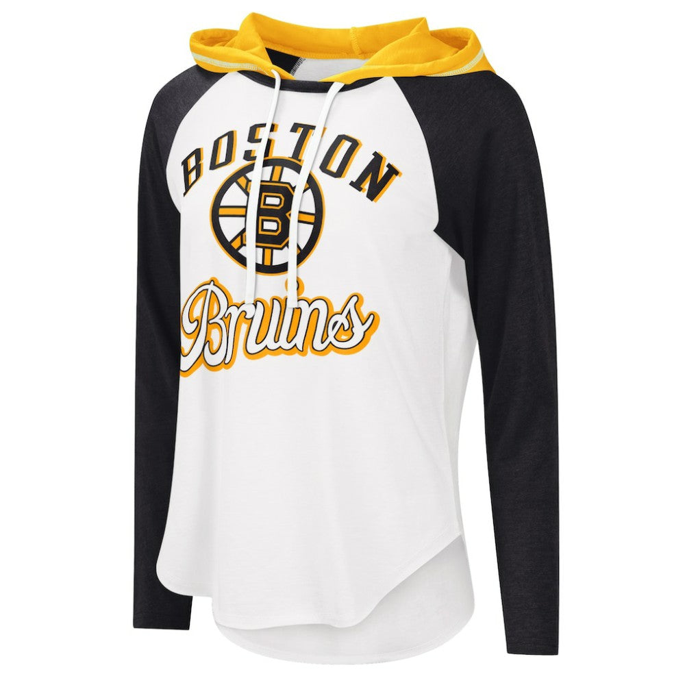 NHL White/Heather Black Boston Bruins G-III 4Her by Carl Banks Women's MVP Raglan Lightweight Hooded T-Shirt