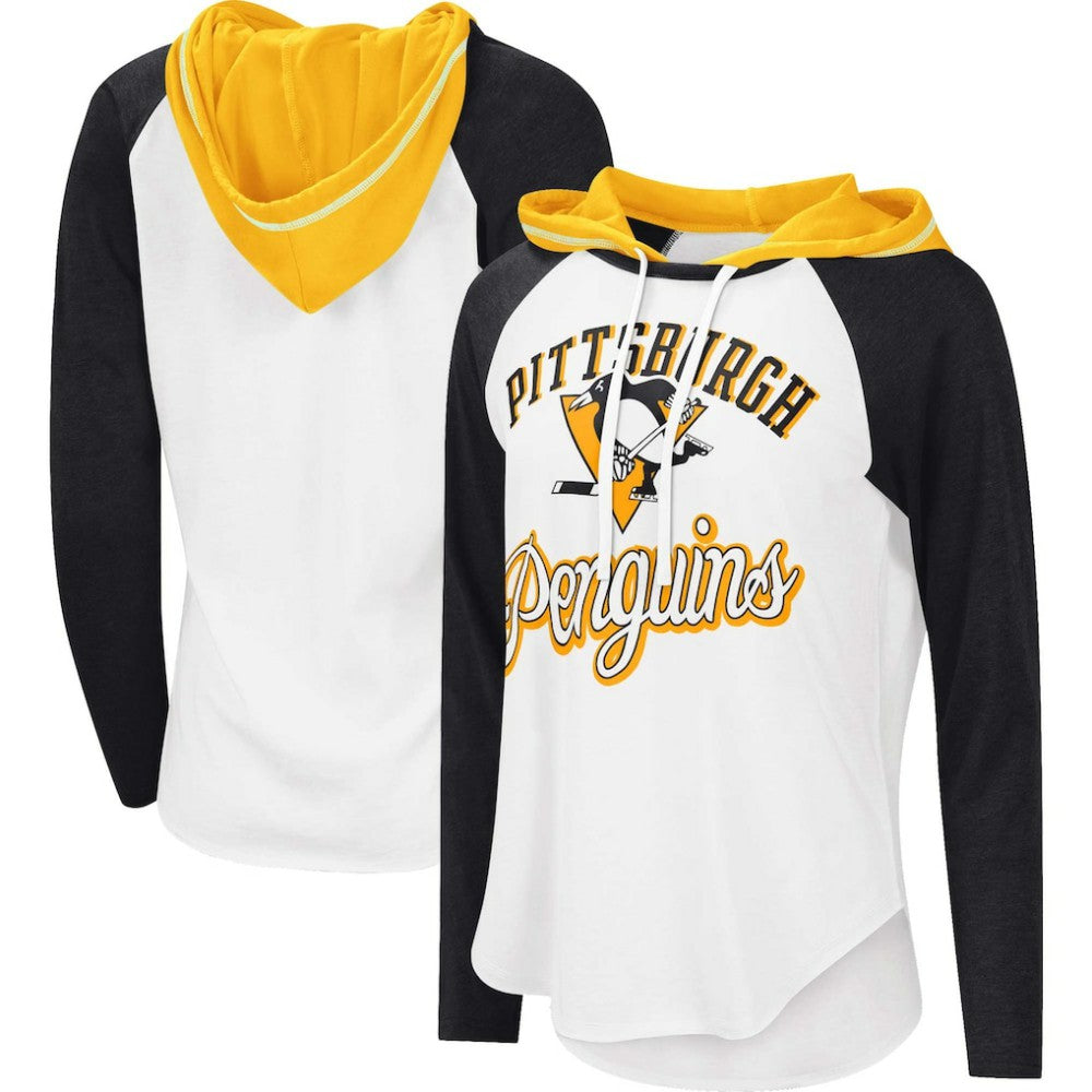 NHL White/Heather Black Pittsburgh Penguins G-III 4Her by Carl Banks Women's MVP Raglan Lightweight Hooded T-Shirt