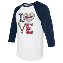 MLB Atlanta Braves Tiny Turnip Women's Baseball Love Raglan 3/4-Sleeve T-Shirt