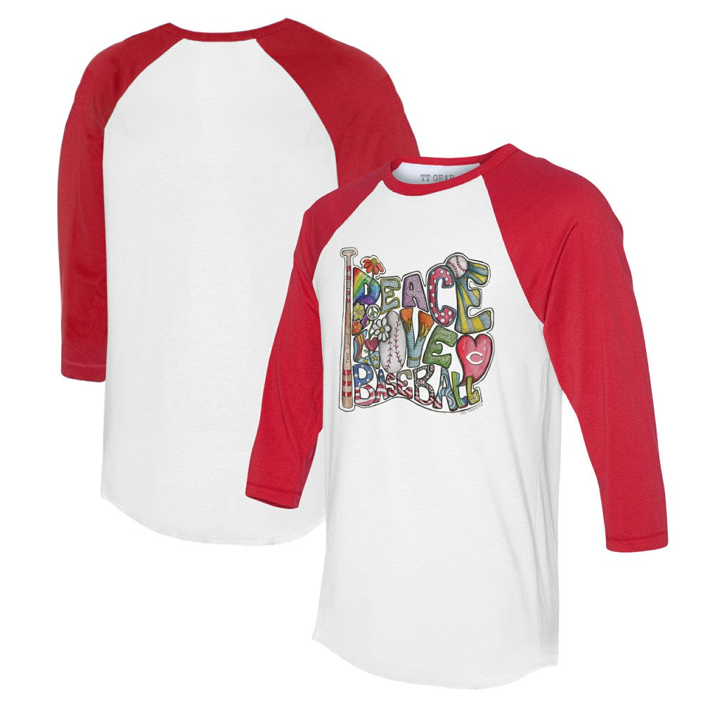 MLB Cincinnati Reds Tiny Turnip Women's Peace Love Baseball 3/4-Sleeve Raglan T-Shirt