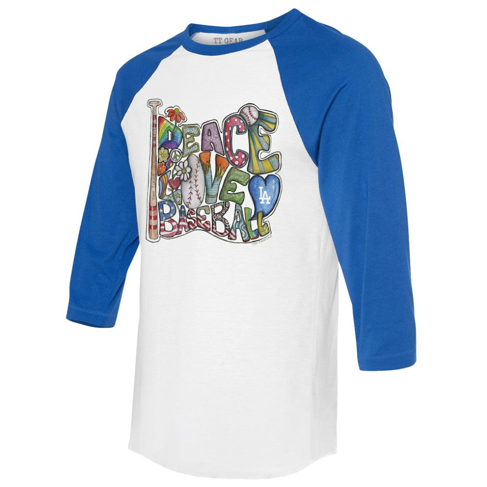 MLB Los Angeles Dodgers Tiny Turnip Women's Peace Love Baseball 3/4-Sleeve Raglan T-Shirt