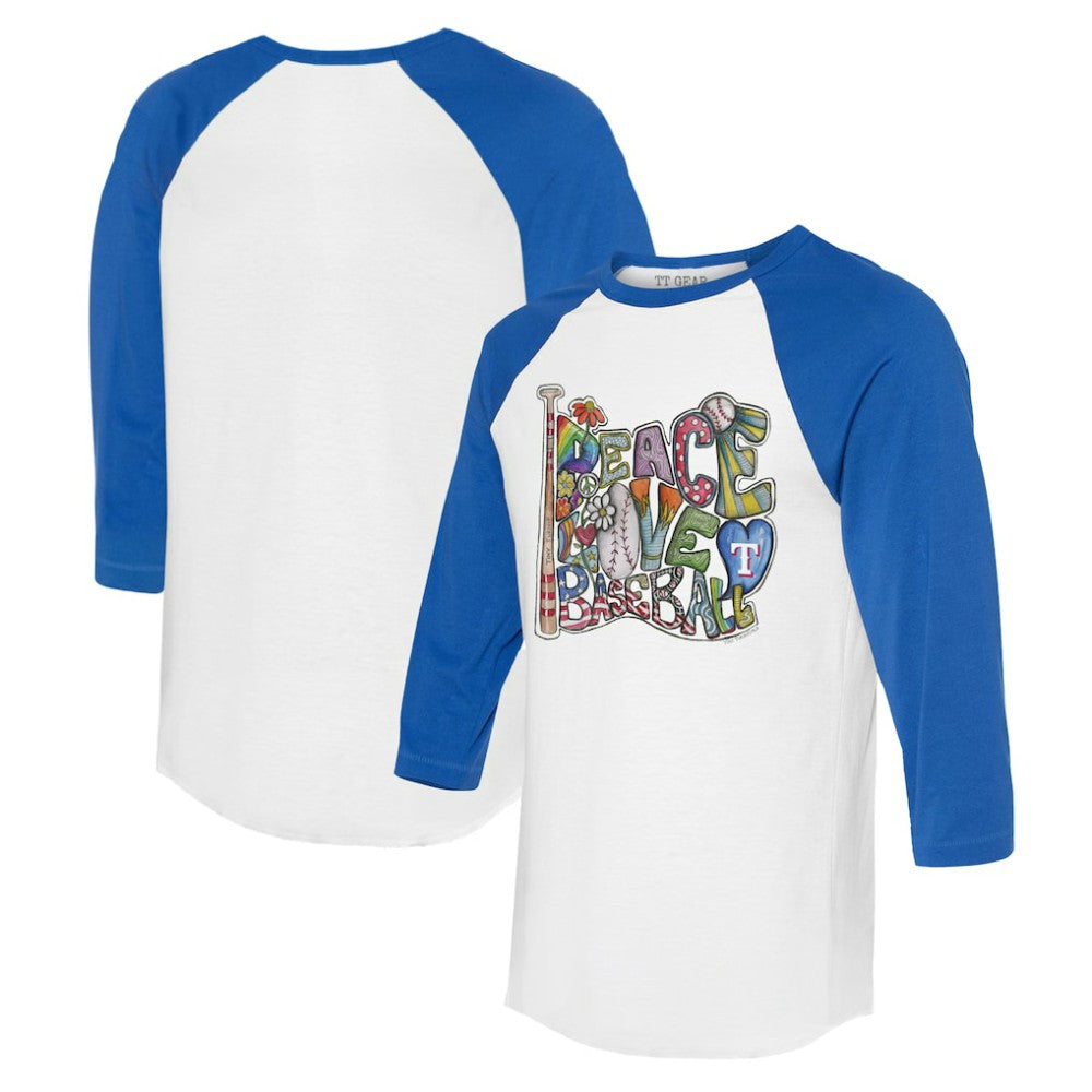 MLB Texas Rangers Tiny Turnip Women's Peace Love Baseball 3/4-Sleeve Raglan T-Shirt