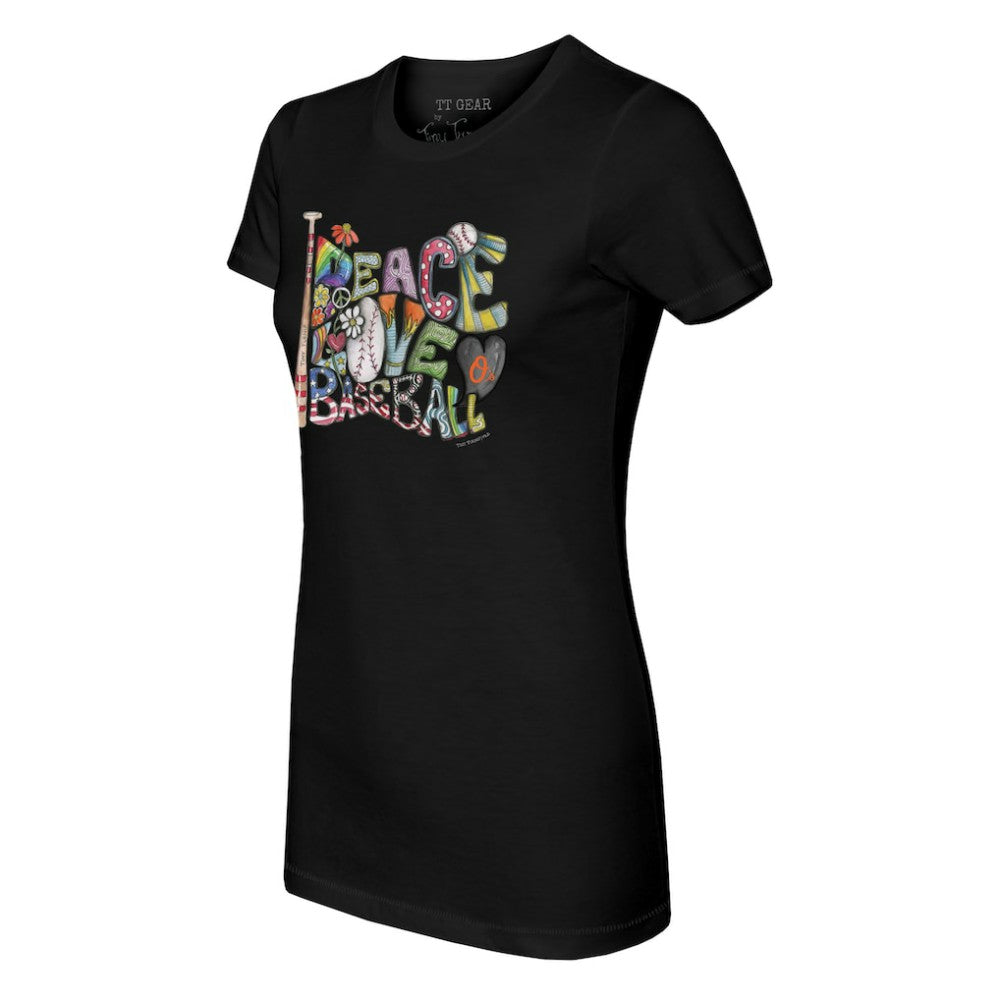 MLB Baltimore Orioles Tiny Turnip Women's Peace Love Baseball Fitted T-Shirt
