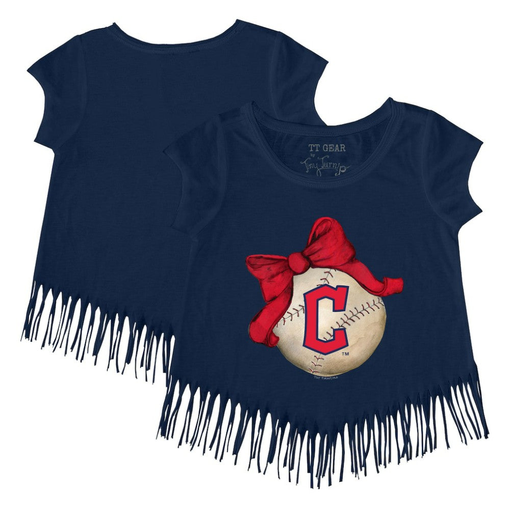 MLB Cleveland Guardians Tiny Turnip Girls Youth Baseball Bow Fringe T-Shirt