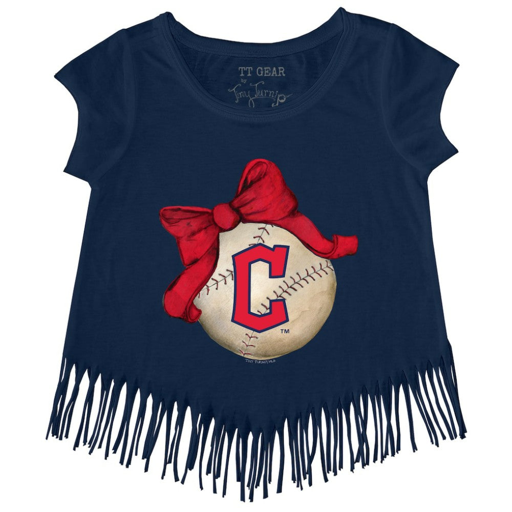 MLB Cleveland Guardians Tiny Turnip Girls Youth Baseball Bow Fringe T-Shirt