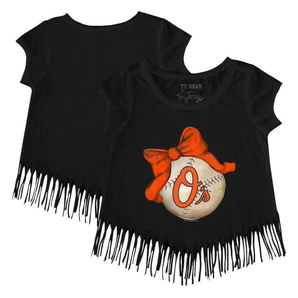 MLB Baltimore Orioles Tiny Turnip Girls Youth Baseball Bow Fringe T-Shirt
