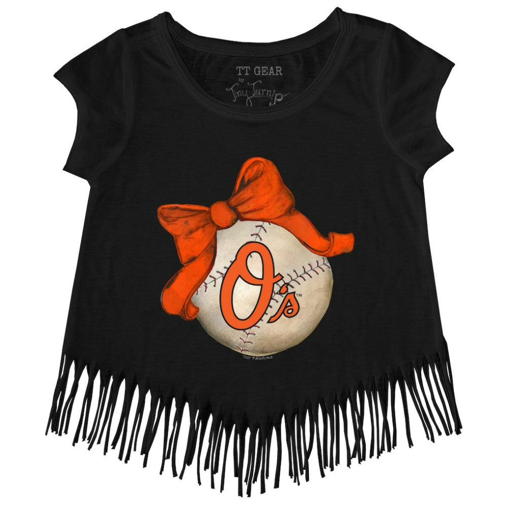 MLB Baltimore Orioles Tiny Turnip Girls Youth Baseball Bow Fringe T-Shirt