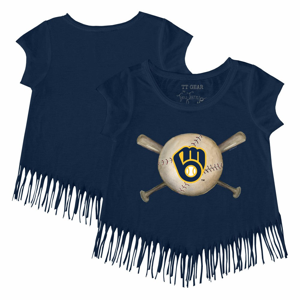 MLB Milwaukee Brewers Tiny Turnip Girls Youth Baseball Cross Bats Fringe T-Shirt