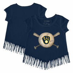 MLB Milwaukee Brewers Tiny Turnip Girls Youth Baseball Cross Bats Fringe T-Shirt