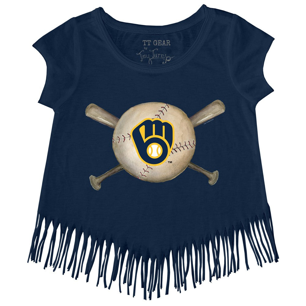 MLB Milwaukee Brewers Tiny Turnip Girls Youth Baseball Cross Bats Fringe T-Shirt