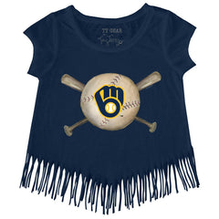 MLB Milwaukee Brewers Tiny Turnip Girls Youth Baseball Cross Bats Fringe T-Shirt