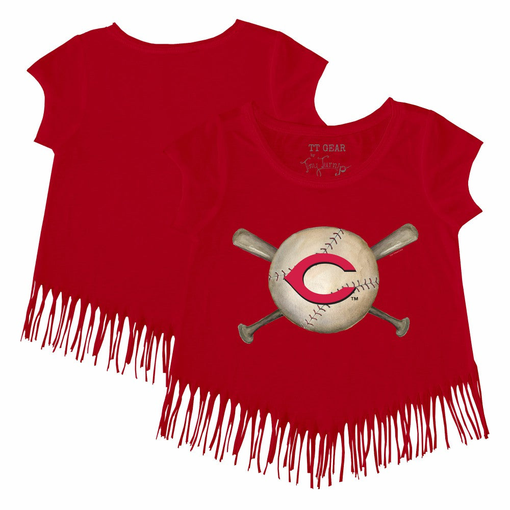 MLB Cincinnati Reds Tiny Turnip Girls Youth Baseball Cross Bats Fringe T-Shirt