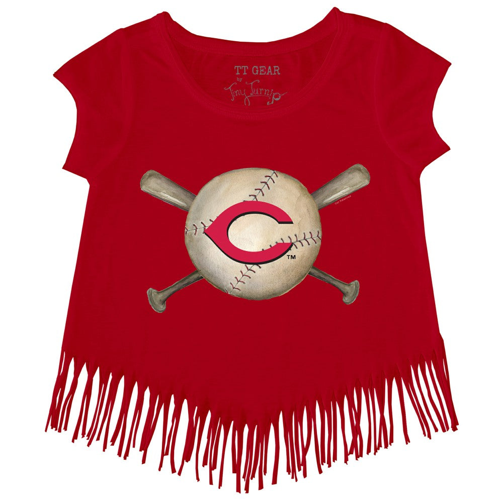 MLB Cincinnati Reds Tiny Turnip Girls Youth Baseball Cross Bats Fringe T-Shirt