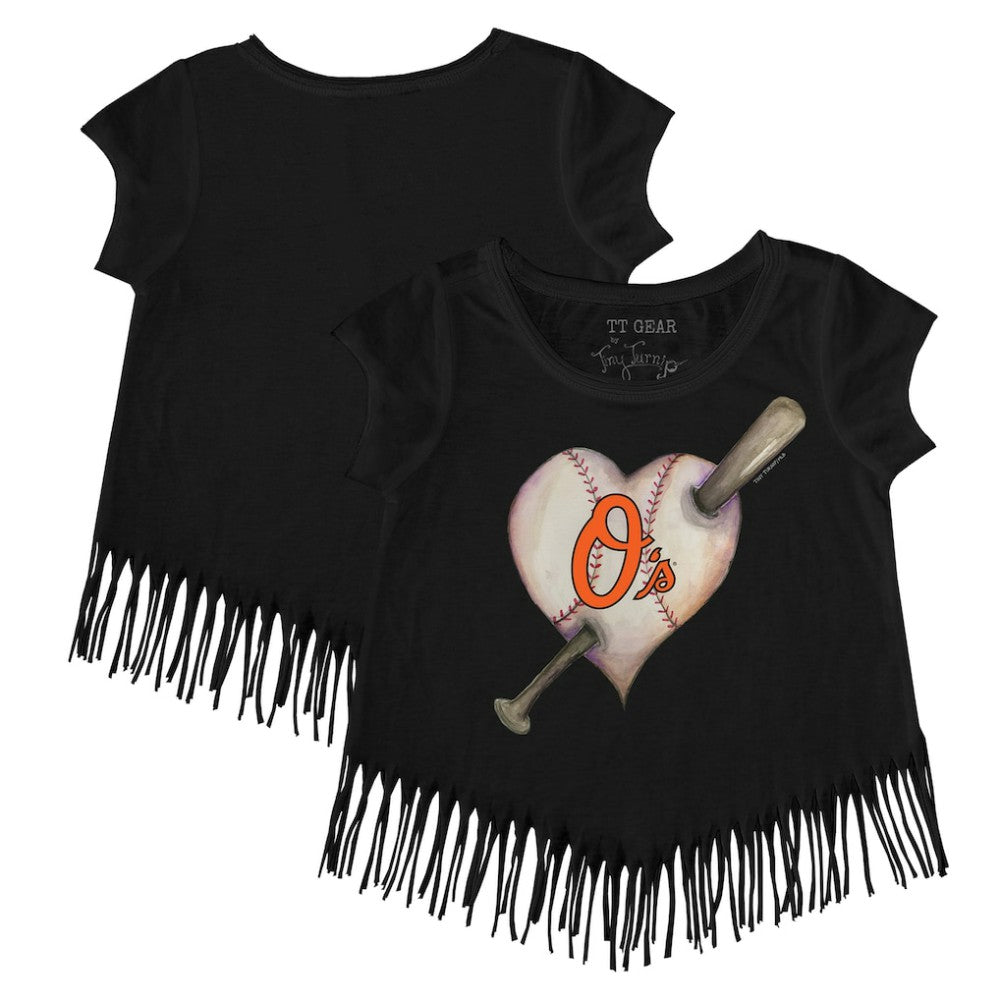 MLB Baltimore Orioles Tiny Turnip Girls Youth Heart Bat Fringe T-Shirt