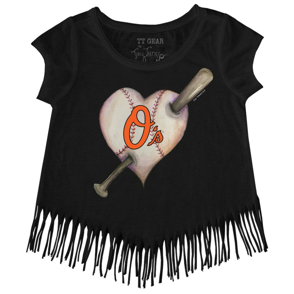 MLB Baltimore Orioles Tiny Turnip Girls Youth Heart Bat Fringe T-Shirt
