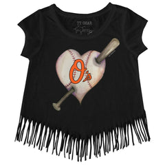 MLB Baltimore Orioles Tiny Turnip Girls Youth Heart Bat Fringe T-Shirt
