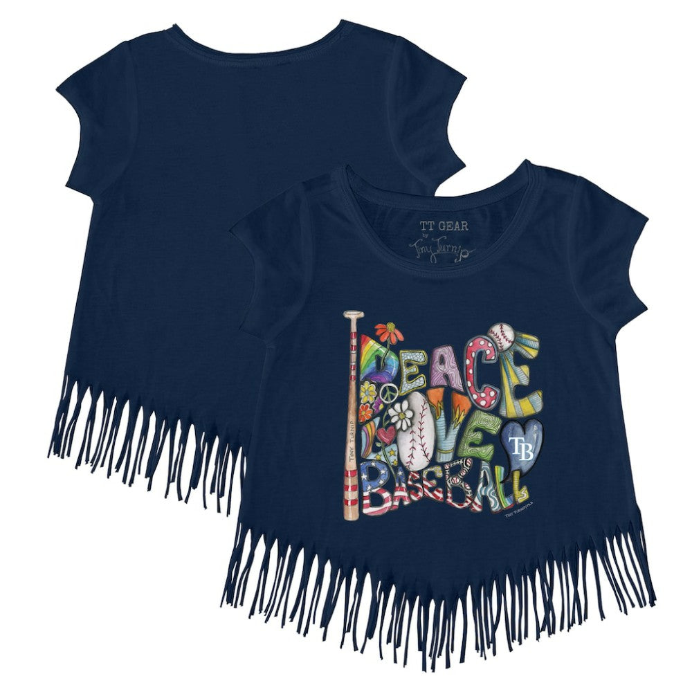 MLB Tampa Bay Rays Tiny Turnip Girls Youth Peace Love Baseball Fringe T-Shirt