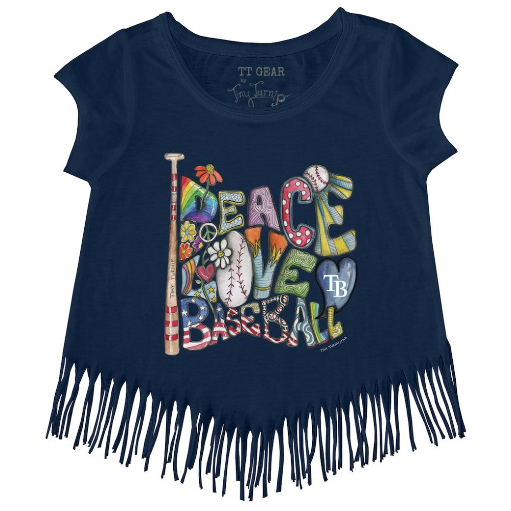 MLB Tampa Bay Rays Tiny Turnip Girls Youth Peace Love Baseball Fringe T-Shirt