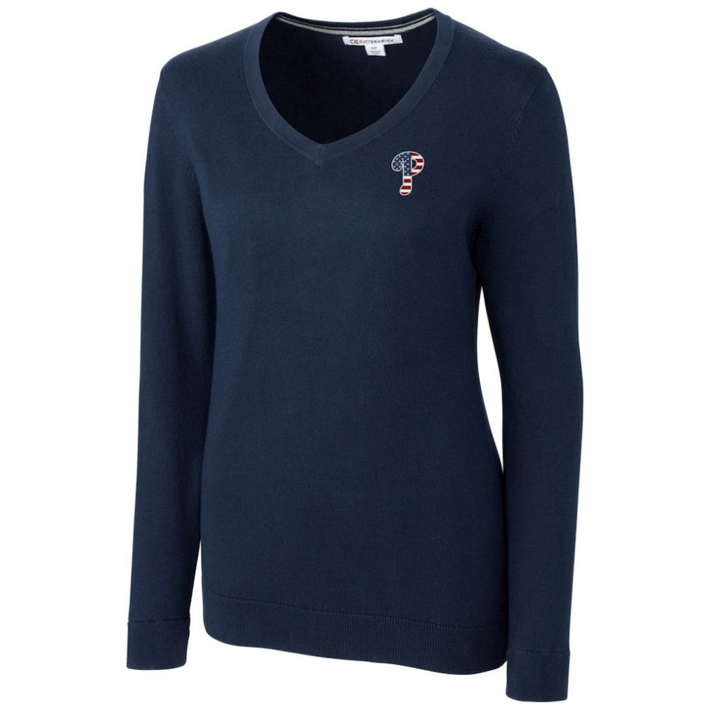 MLB Philadelphia Phillies Cutter & Buck Women's Americana Logo Lakemont Tri-Blend V-Neck Pullover Sweater