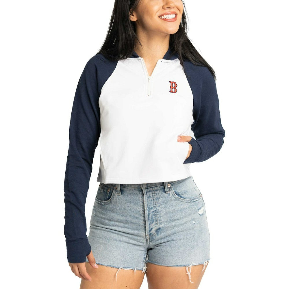MLB Boston Red Sox Lusso Women's Jane Raglan Quarter-Zip Tri-Blend Cropped Pullover Hoodie