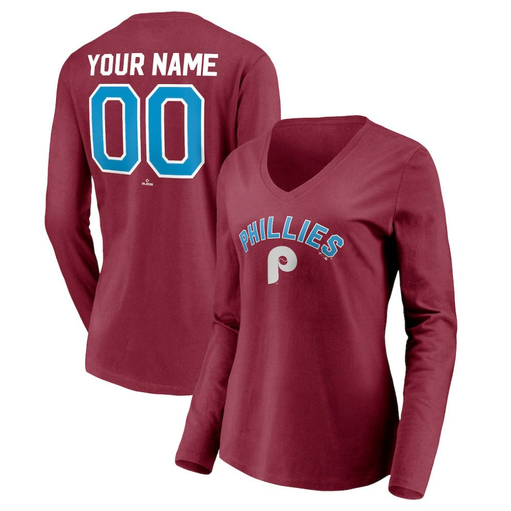 MLB Philadelphia Phillies Women's Personalized Cooperstown Collection Alternate Winning Streak Long Sleeve V-Neck T-Shirt